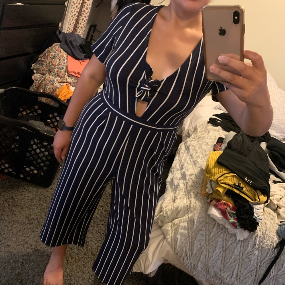 Express blue and white stripes jumpsuit